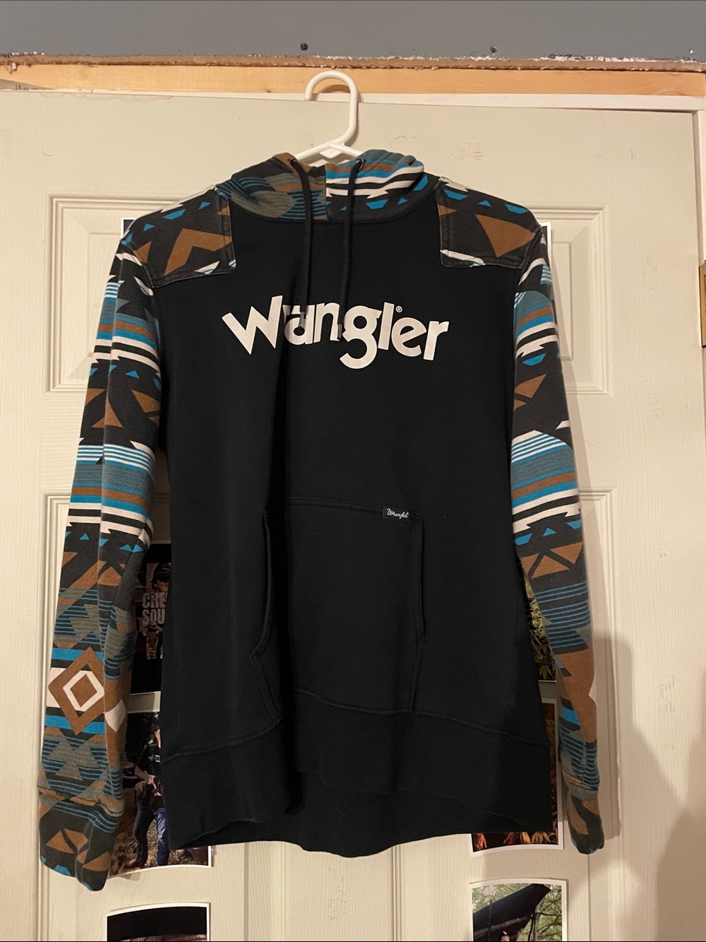 Wrangler Black Hoodie with Teal & Brown Aztec Sleeves